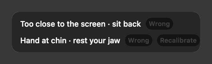 The panel that opens when you hover over the glow. It lists what Poxture saw, "Too close to the screen · sit back" and "Hand at chin · rest your jaw", each with a Wrong button, and the second also offers Recalibrate.